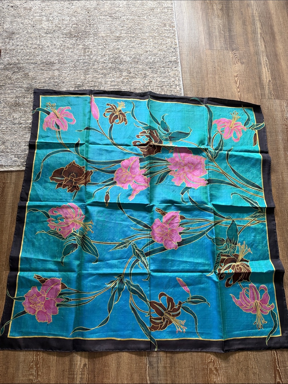 Turquoise Floral Wrap Scarf with Pink & Brown Blooms 100% Thailand Silk
